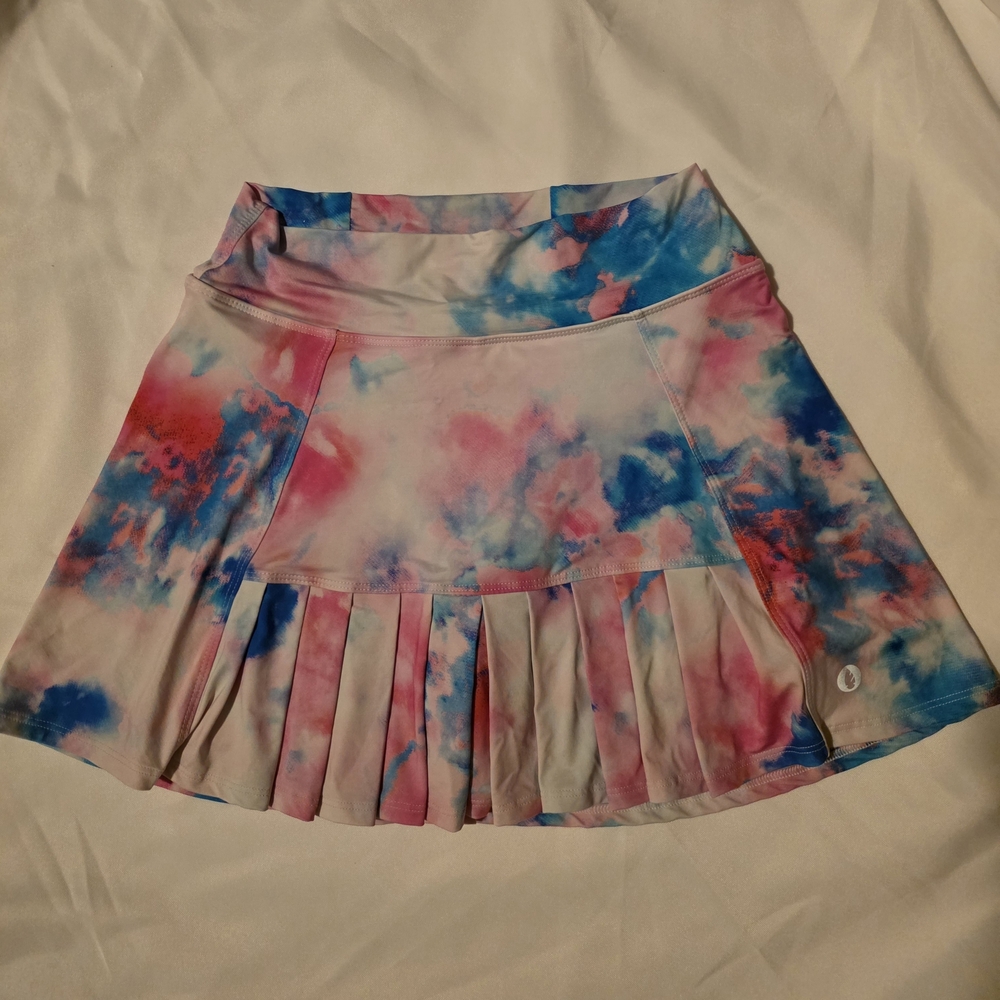 Dona Jo Flirty Hipster Tie-Dye Pickleball Tennis Pleated Skirt - Pink/Blue